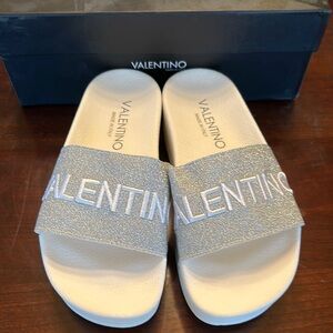 Mario Valentino Silver and White Slide Sandals